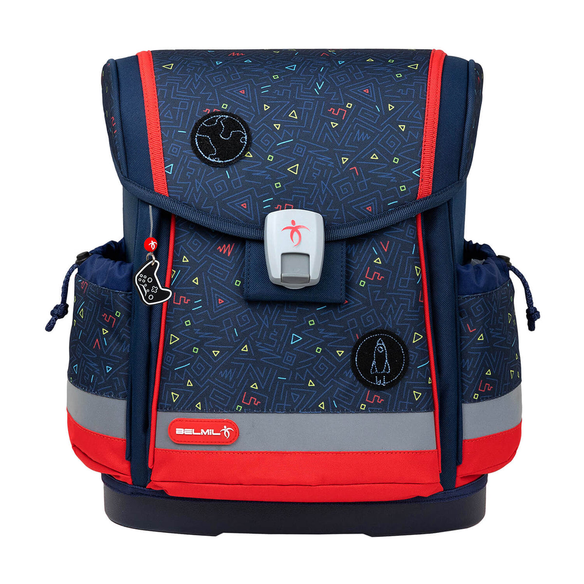 Side pocket of the Belmil Classy Plus Ergonomic School Bag Set for Boys “Gamer” Design + Dinosaur Raincoat ensuring easy access to school supplies.