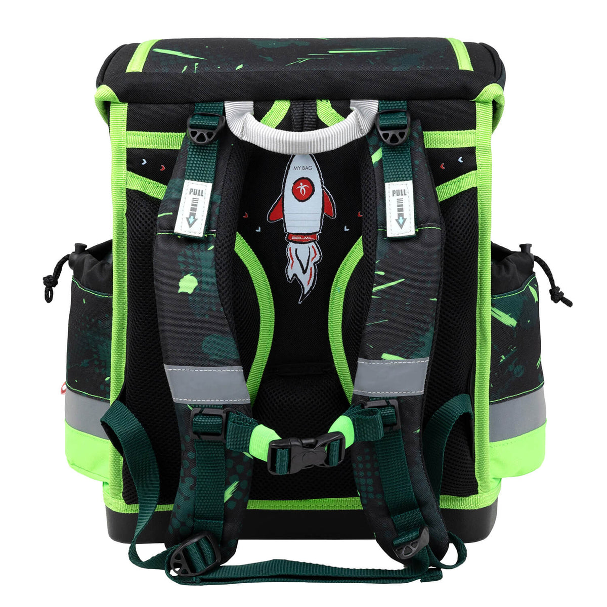 Close-up of reflective elements on the Belmil Classy Plus Ergonomic School Bag Set for Boys “Neon Sport” Design + Dinosaur Raincoat – 6-Piece Back-Friendly Starter Set for improved visibility.