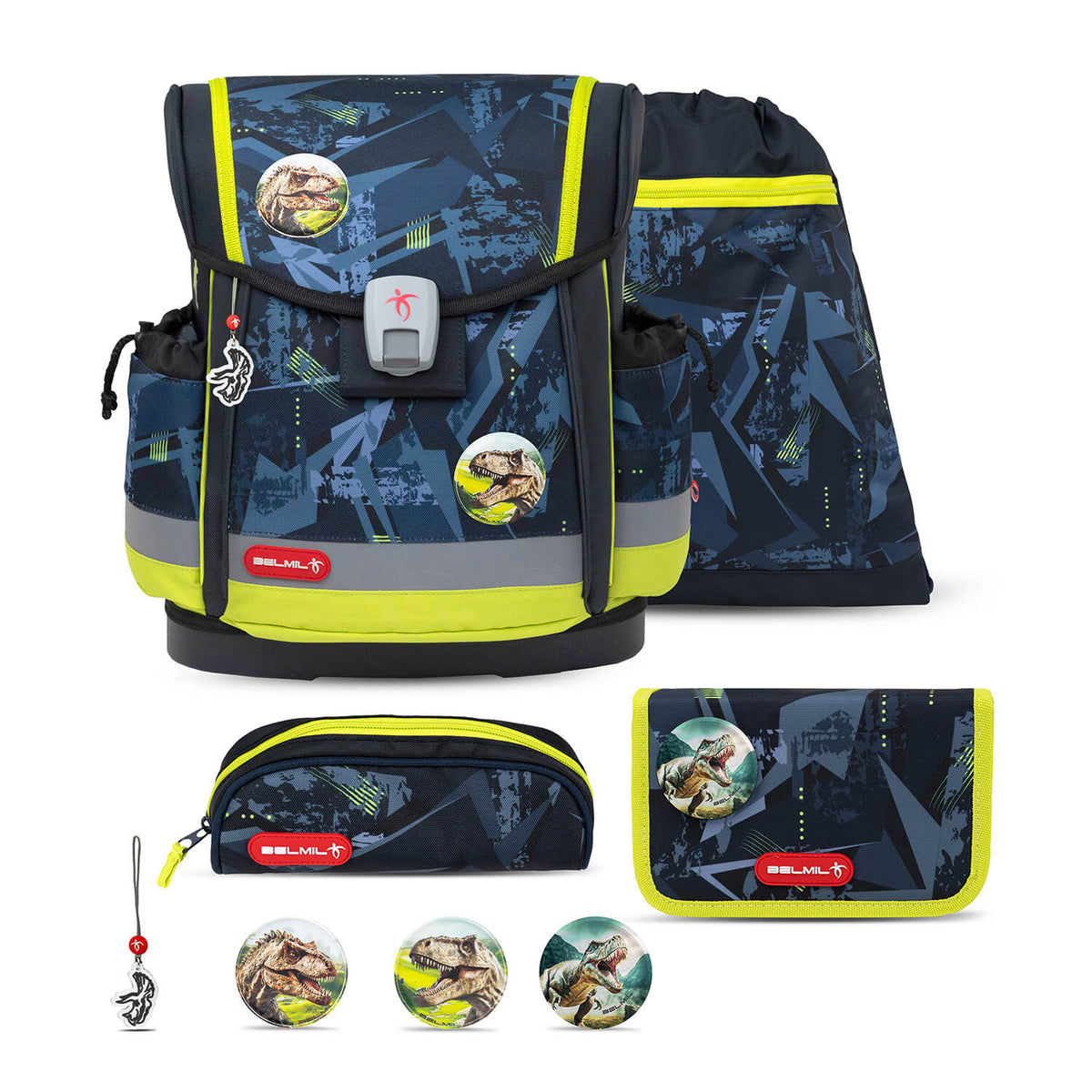 Ergonomic School Bag Set for Boys – Belmil Classy Plus T-Rex Lime School Bag Set 5 pcs.