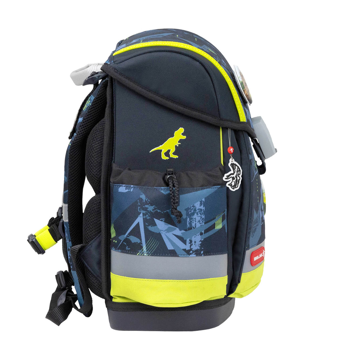 Internal compartments of the Belmil Classy Plus Ergonomic School Bag Set for Boys “T-Rex Lime” Design + Dinosaur Raincoat – 6-Piece Back-Friendly Starter Set for organized school supplies.
