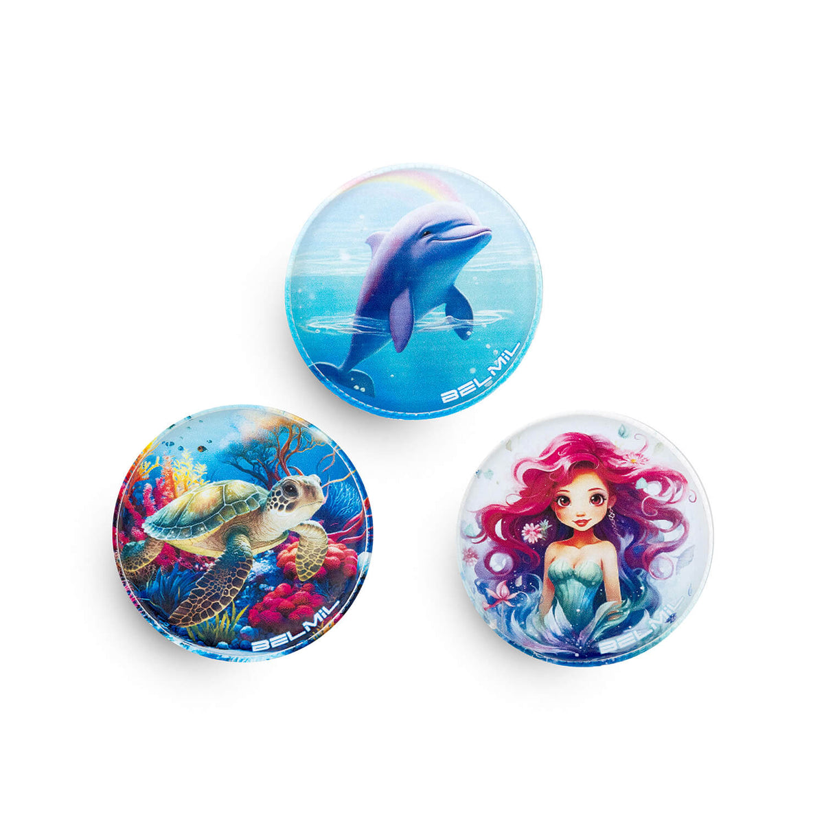 Belmil Classy Plus Ergonomic School Bag Set for Girls “Under The Sea” Design + Unicorn Raincoat – 6-Piece Back-Friendly Starter Set displayed with decorative patches.