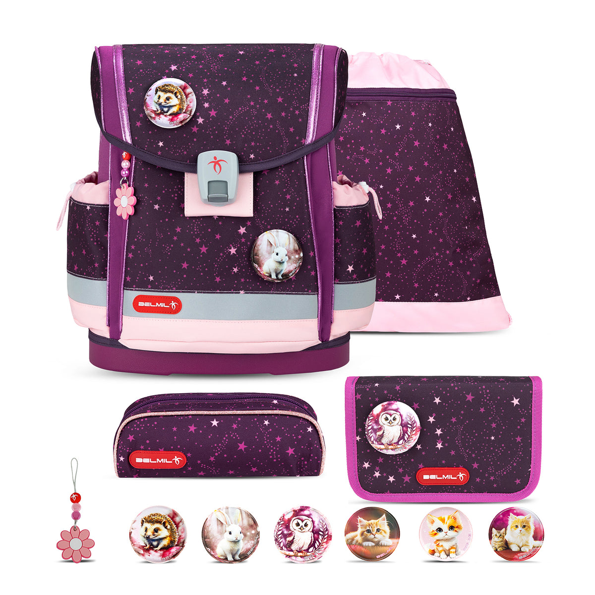 Belmil Classy Plus Magical Stars School Bag Set for Girls showcasing stylish pink and purple design with interchangeable cats patch set.