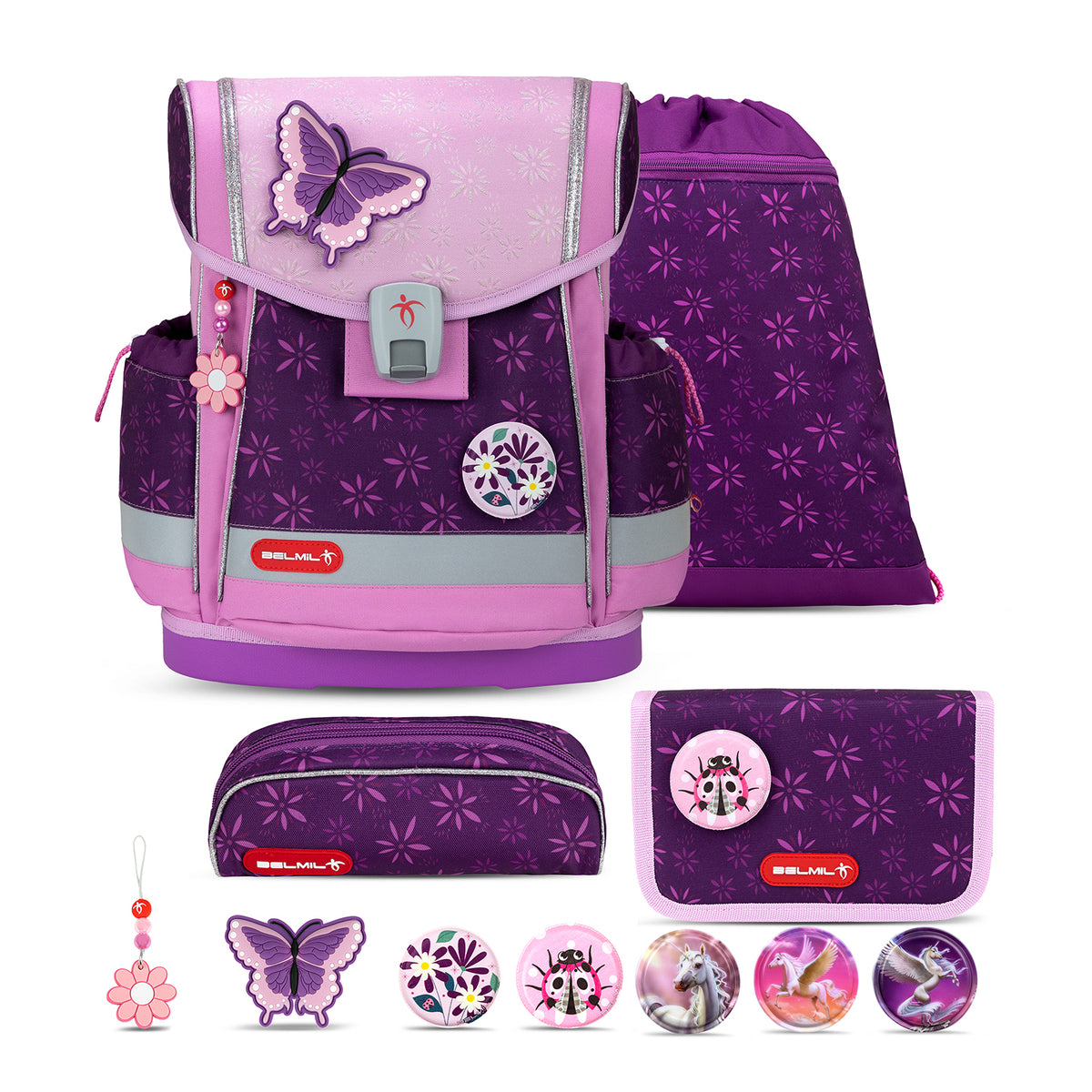 Belmil Classy Plus Purple Spring School Bag Set for Girls + Pegasus Patch Set (5 pcs) featuring ergonomic design, adjustable straps, and a cute purple spring theme with flower and unicorn motifs.