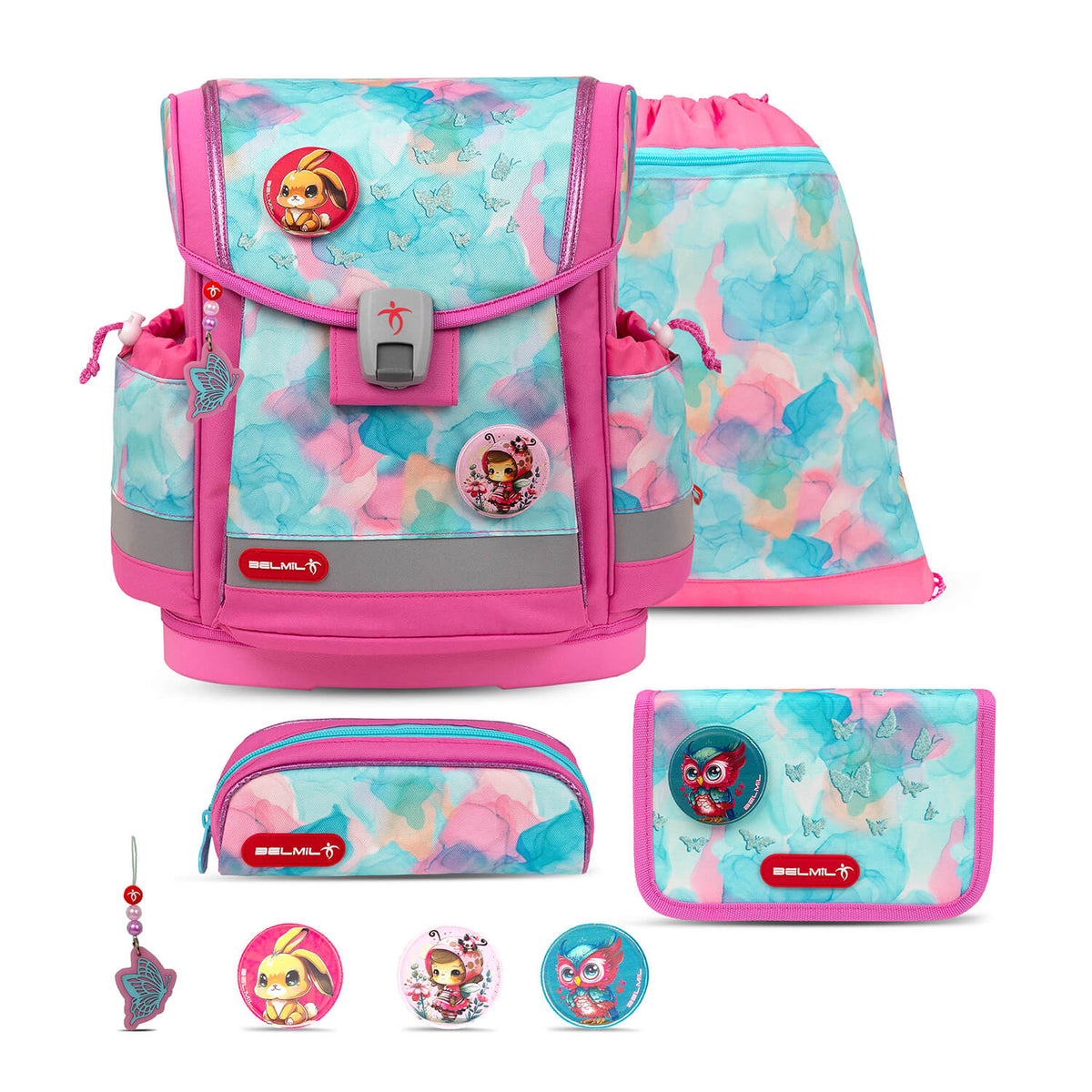 Belmil Classy Plus Ergonomic School Bag Set for Girls “Aqua Rose” Design + Unicorn Raincoat – 6-Piece Back-Friendly Starter Set showcasing the ergonomic school bag in Aqua Rose design.
