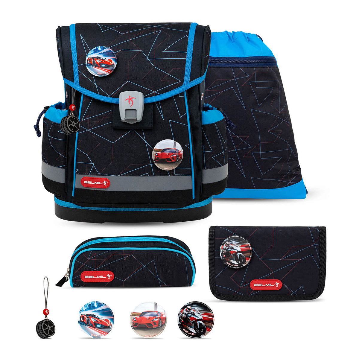 Ergonomic School Bag Set for Boys – Belmil Classy Plus Cars Blue School Bag Set 4 pcs.