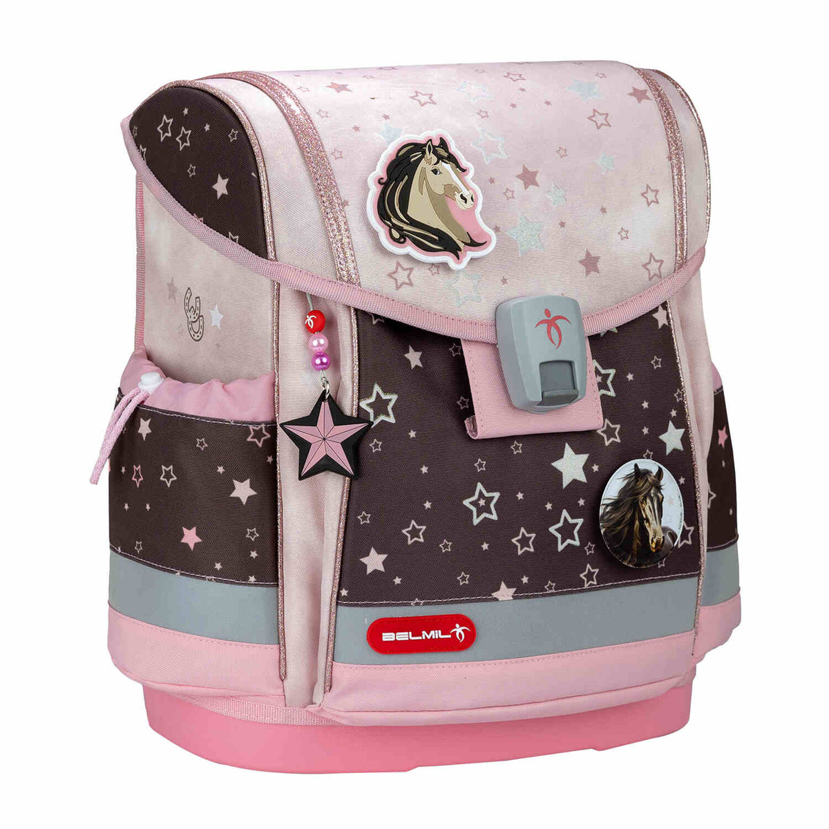 Image of the Belmil Classy Plus Champion Horses schoolbag set 4 pcs demonstrating the easy-to-open German Fidlock magnetic buckle.