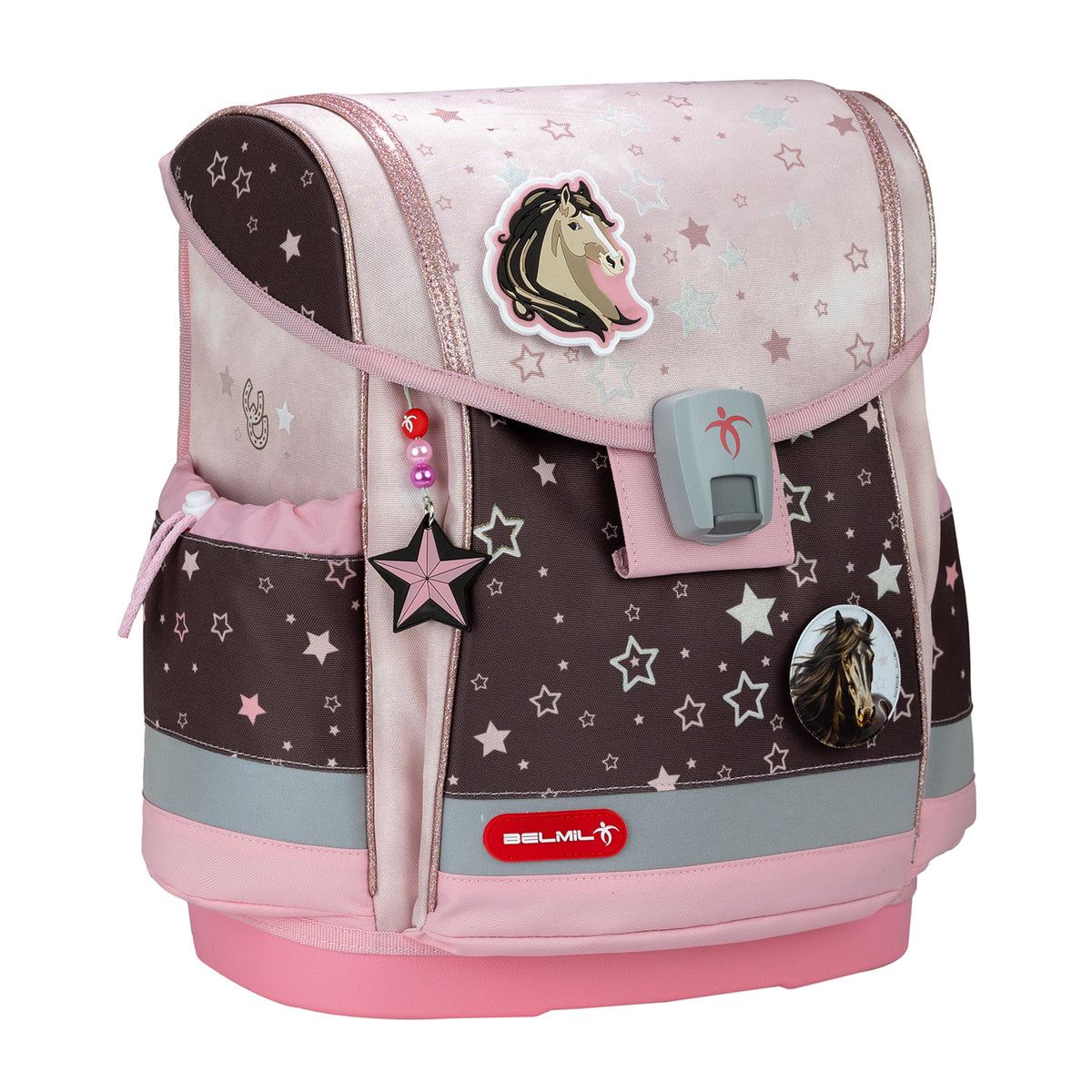 Close-up of Belmil Classy Plus Champion Horses School Bag showing colorful horse motifs and patches.