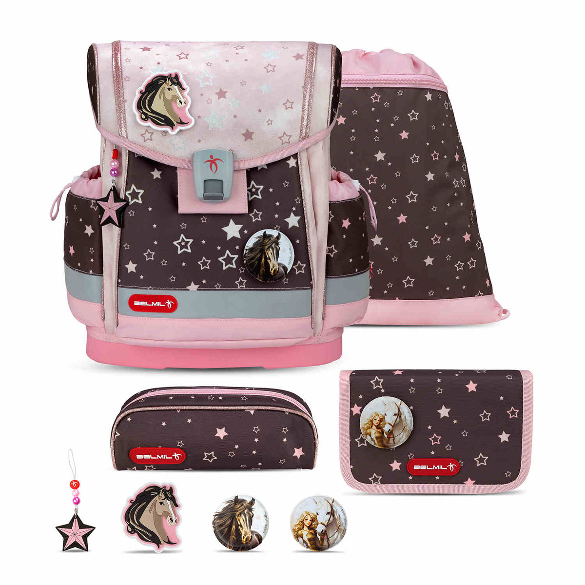 Belmil Classy Plus Champion Horses School Bag Set (5 pcs): Includes ergonomic school bag, gym bag, Pencil case (empty), Pencil pouch, and decorative patches – perfect for stylish young riders.