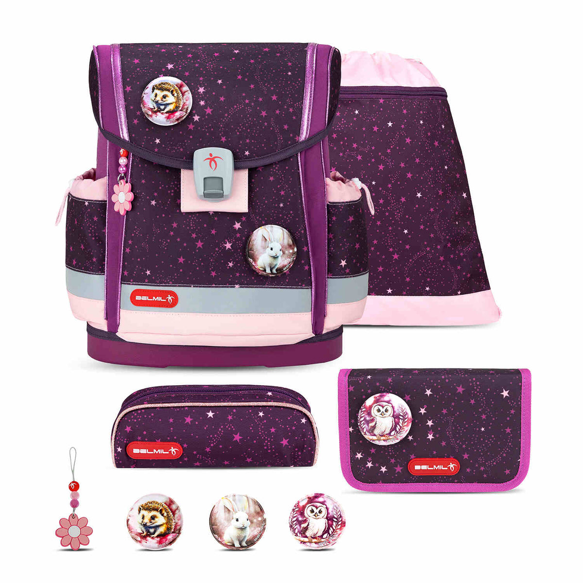 Ergonomic School Bag Set for Girls – Belmil Classy Plus Magical Stars School Bag Set 5 pcs features a vibrant purple design with sparkling stars.