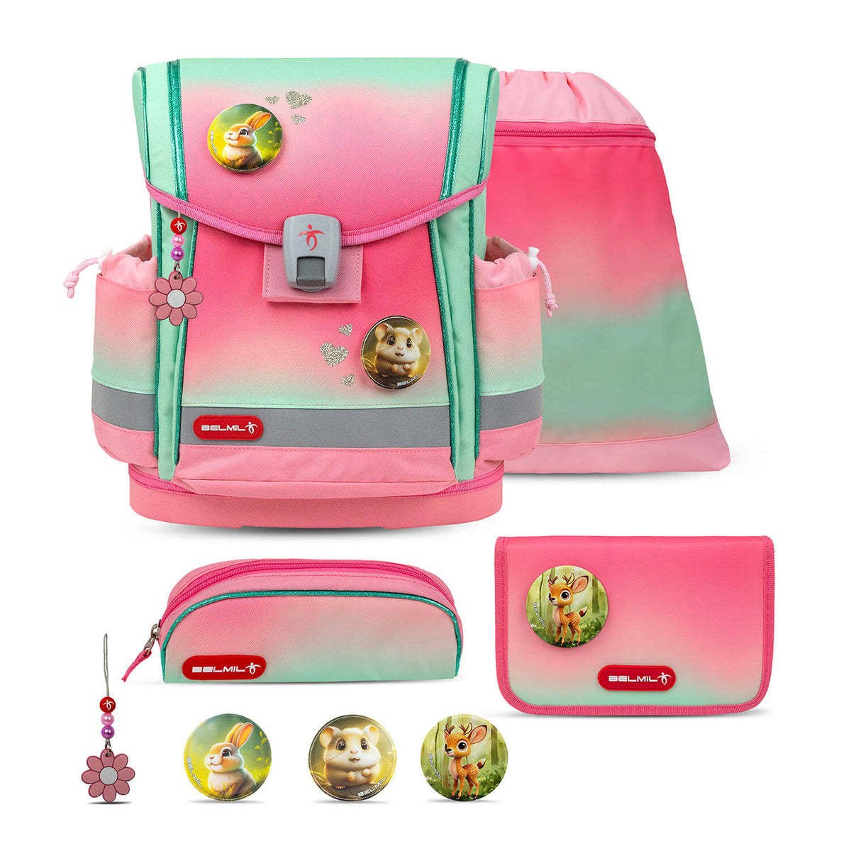 Ergonomic School Bag Set for Girls – Belmil Classy Plus Mint Rose Ombre School Bag Set 5 pcs.