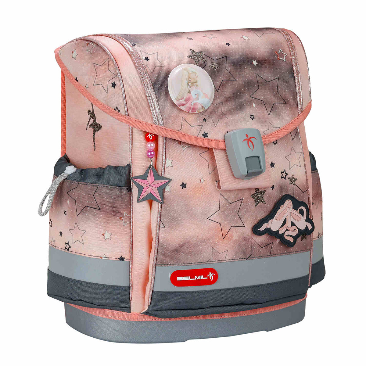 The playful patches and motifs on the Ergonomic School Bag Set for Girls – Belmil Classy Plus Rose Ballet School Bag Set 5 pcs.
