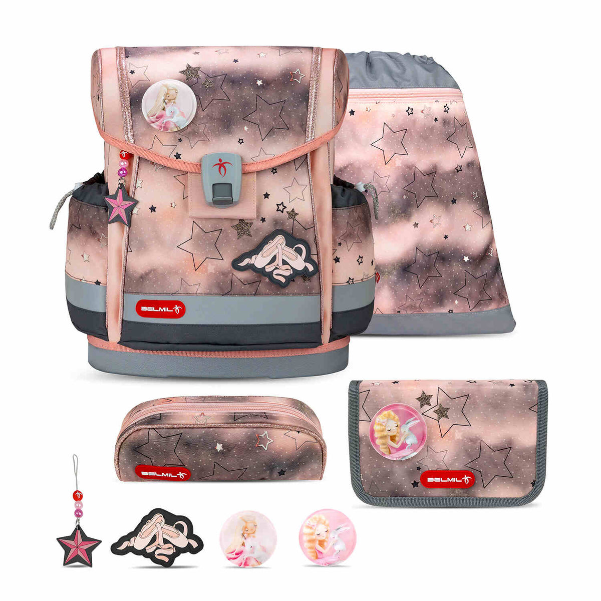 Ergonomic School Bag Set for Girls – Belmil Classy Plus Rose Ballet School Bag Set 5 pcs featuring stylish rose and grey tones.