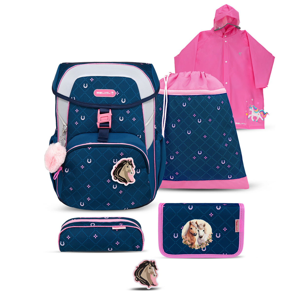 Belmil Maxi Pack 'Meet your Horses' school back set for girls featuring a vibrant design, perfect for young equestrian fans.