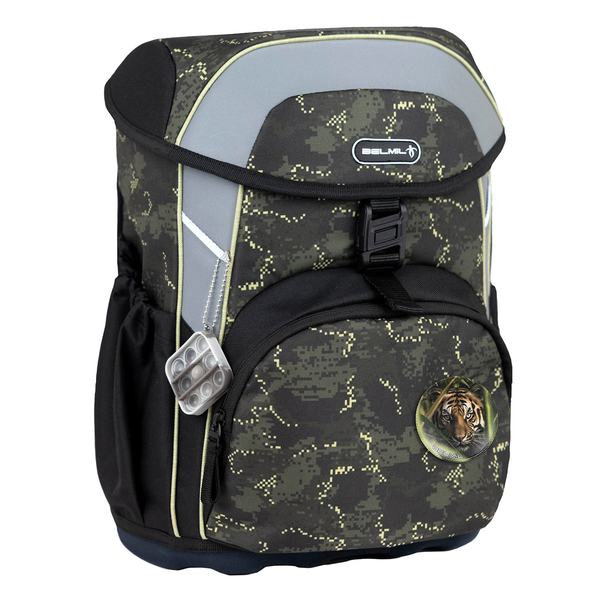 Belmil Maxi 'Night Hunter' School Bag Set for Boys + Dinosaur Raincoat – 5-Piece Set displayed with gym bag, pencil case, and expandable raincoat.