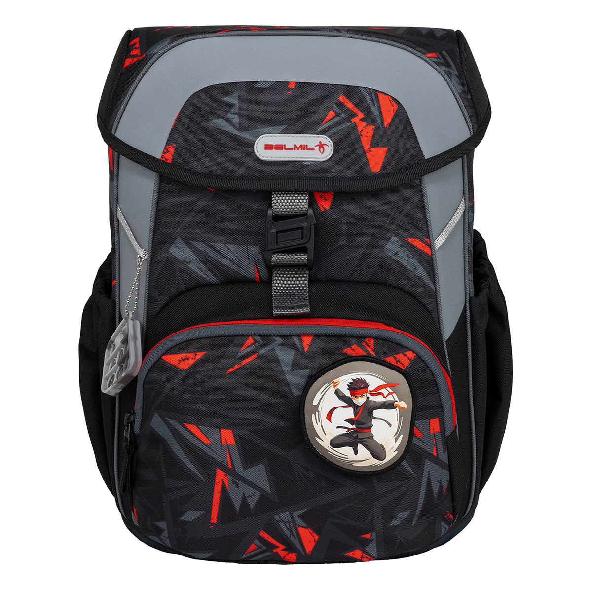 Detailed view of the Belmil Maxi 'Ninja' School Bag Set for Boys + Dinosaur Raincoat – 5-Piece Set emphasizing adjustable straps and reflective elements.