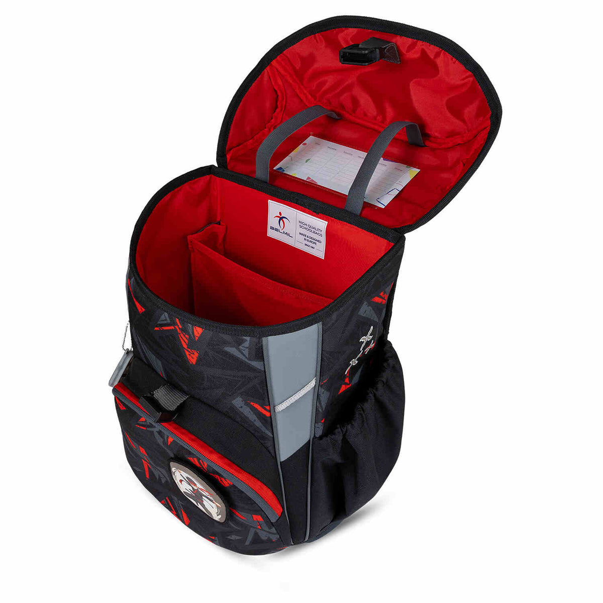 Maxi Ninja Game schoolbag open with school supplies inside, showcasing its capacity as part of the Ergonomic School Bag Set for Boys – Belmil Maxi Ninja Game schoolbag set 5 pcs.