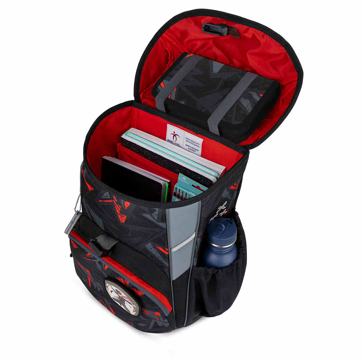 Child using the Maxi Ninja Game schoolbag packed with gear, exemplifying the practicality of the Ergonomic School Bag Set for Boys – Belmil Maxi Ninja Game schoolbag set 5 pcs.