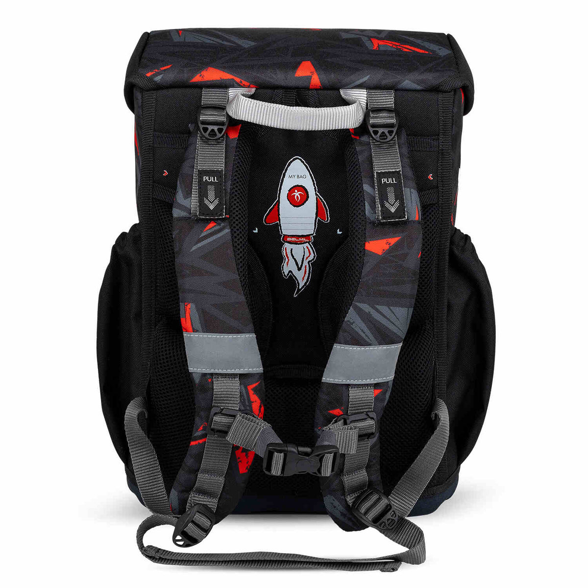 Back view of the Maxi Ninja Game schoolbag highlighting its ergonomic straps, perfect for comfort in the Ergonomic School Bag Set for Boys – Belmil Maxi Ninja Game schoolbag set 5 pcs.