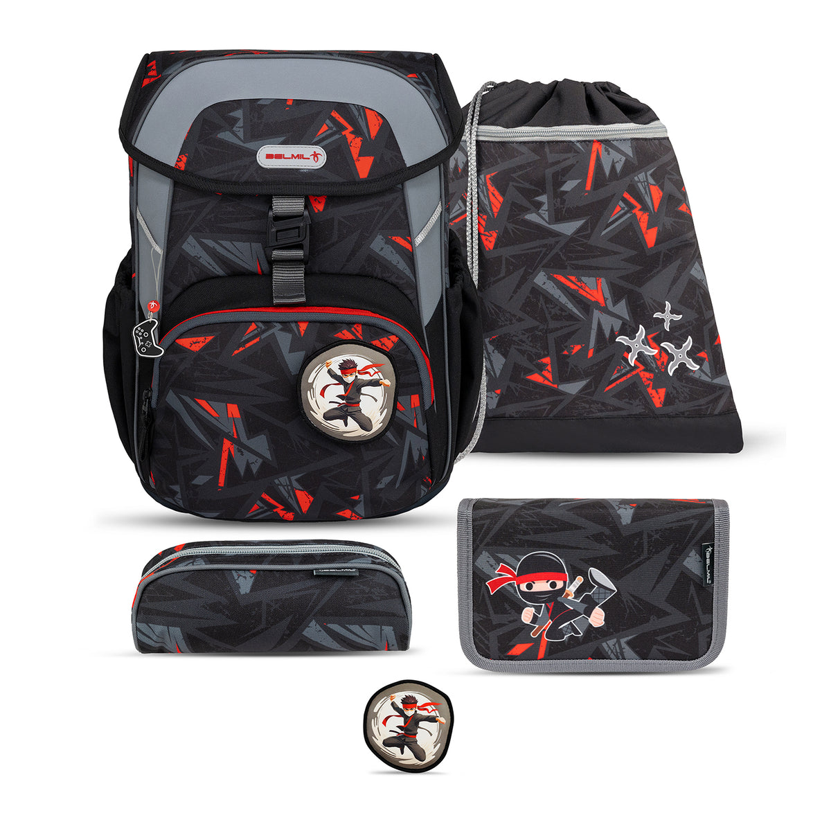 Ergonomic School Bag Set for Boys – Belmil Maxi Ninja School Bag Set 5 pcs featuring spacious design and adjustable straps.