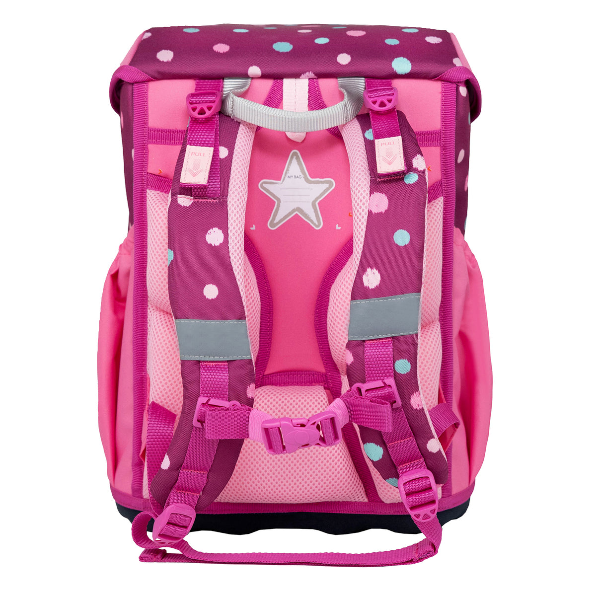 Showing the slide-to-open magnetic buckle (Fidlock) of the Ergonomic School Bag Set for Girls – Belmil Maxi Starry Bubbles School Bag Set 5 pcs.
