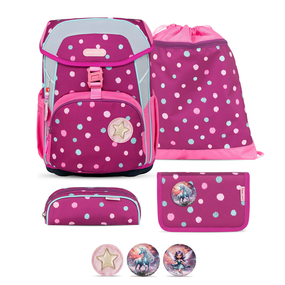 Ergonomic School Bag Set for Girls – Belmil Maxi Starry Bubbles School Bag Set 5 pcs featuring a vibrant magenta pink design with colorful polka dots.