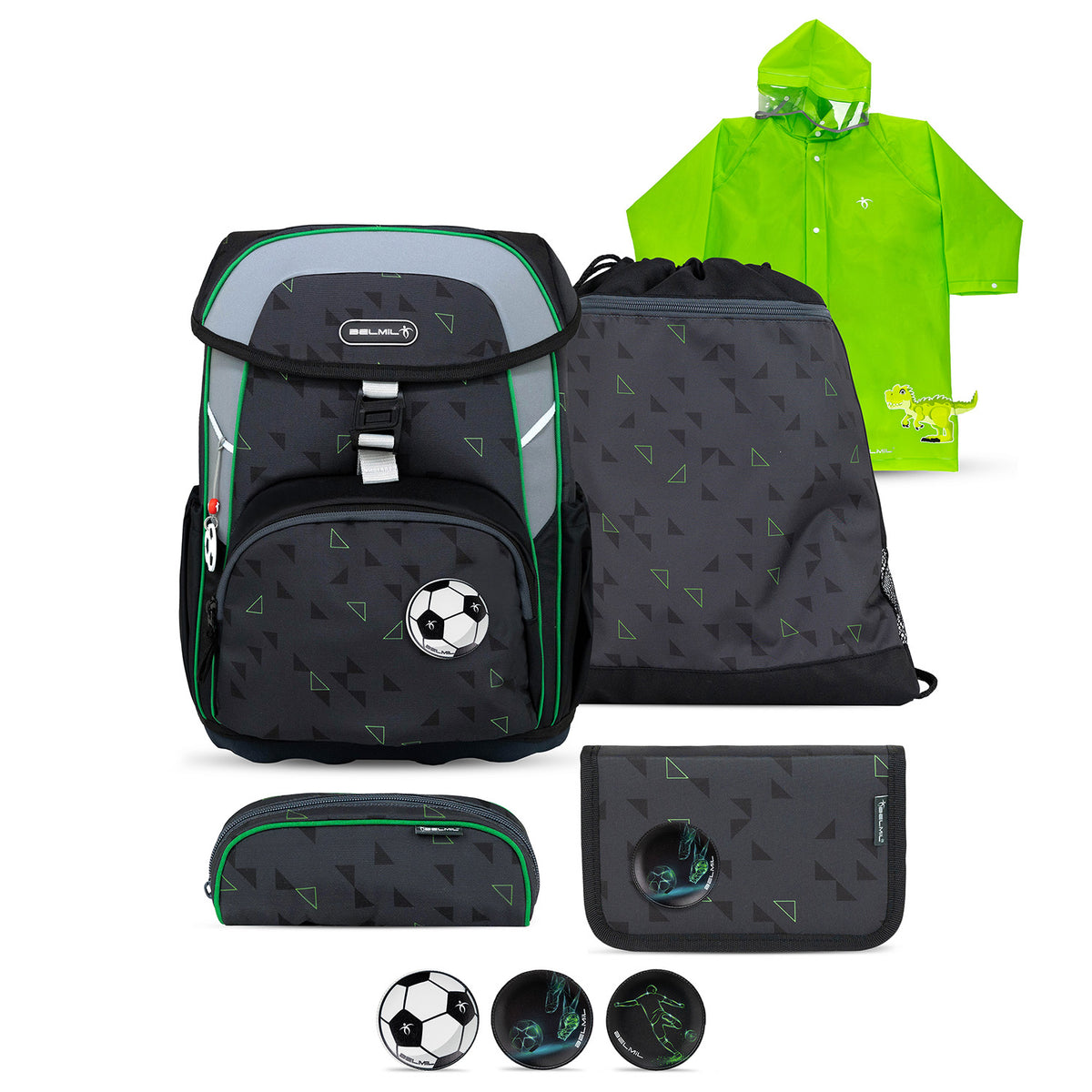 Belmil Maxi "Striker X" School Bag Set for Boys + Dinosaur Raincoat – 5-Piece Set with fun dinosaur design.