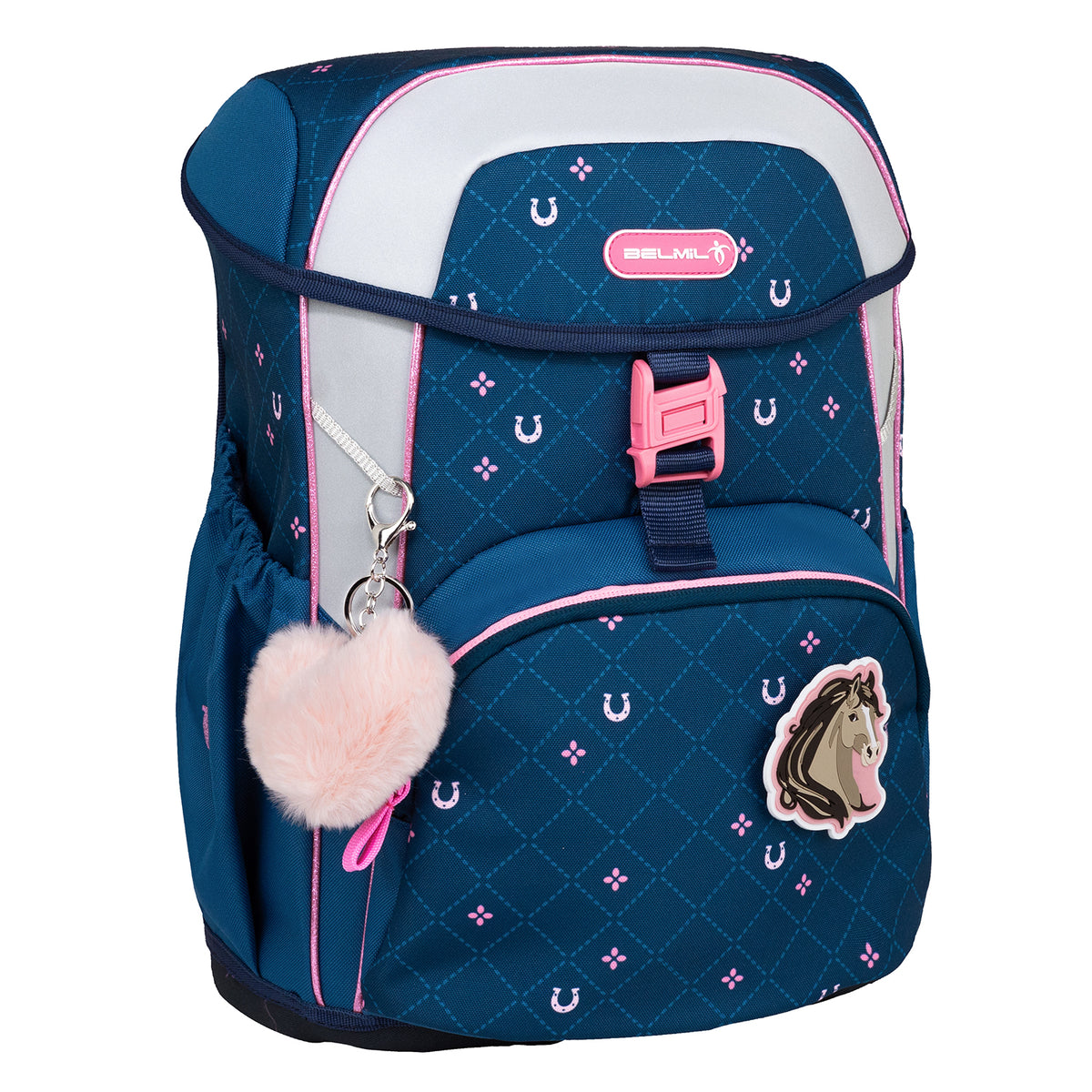 Close-up of the Ergonomic School Bag Set for Girls – Belmil Maxi Meet your Horses School Bag Set 5 pcs showcasing the playful pastel horse illustrations.