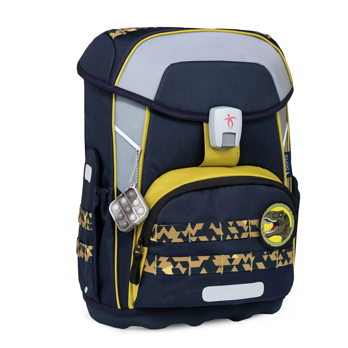 Image displaying the reflective elements on the Premium Belmil School Bag Set for Boys – Maxi Plus "Explorer" schoolbag set + Dinosaur Raincoat - 7-piece Set for safety during school commutes.