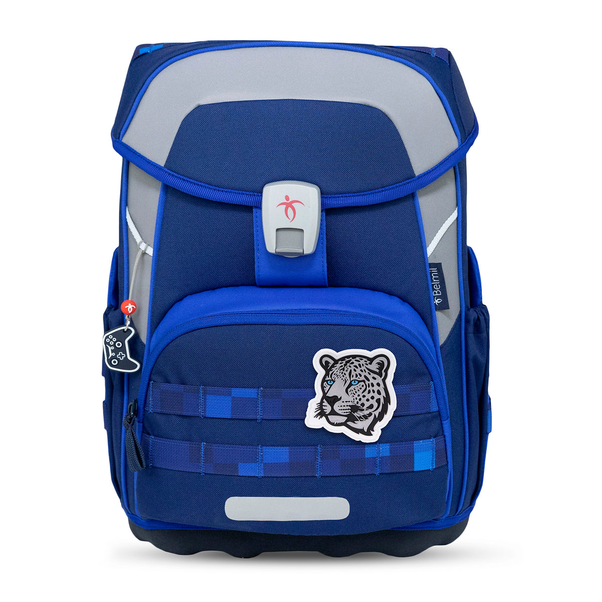 Detailed view of reflective elements on the Premium Belmil School Bag Set for Boys – Maxi Plus Pixel Storm schoolbag set 6 pcs for enhanced visibility.