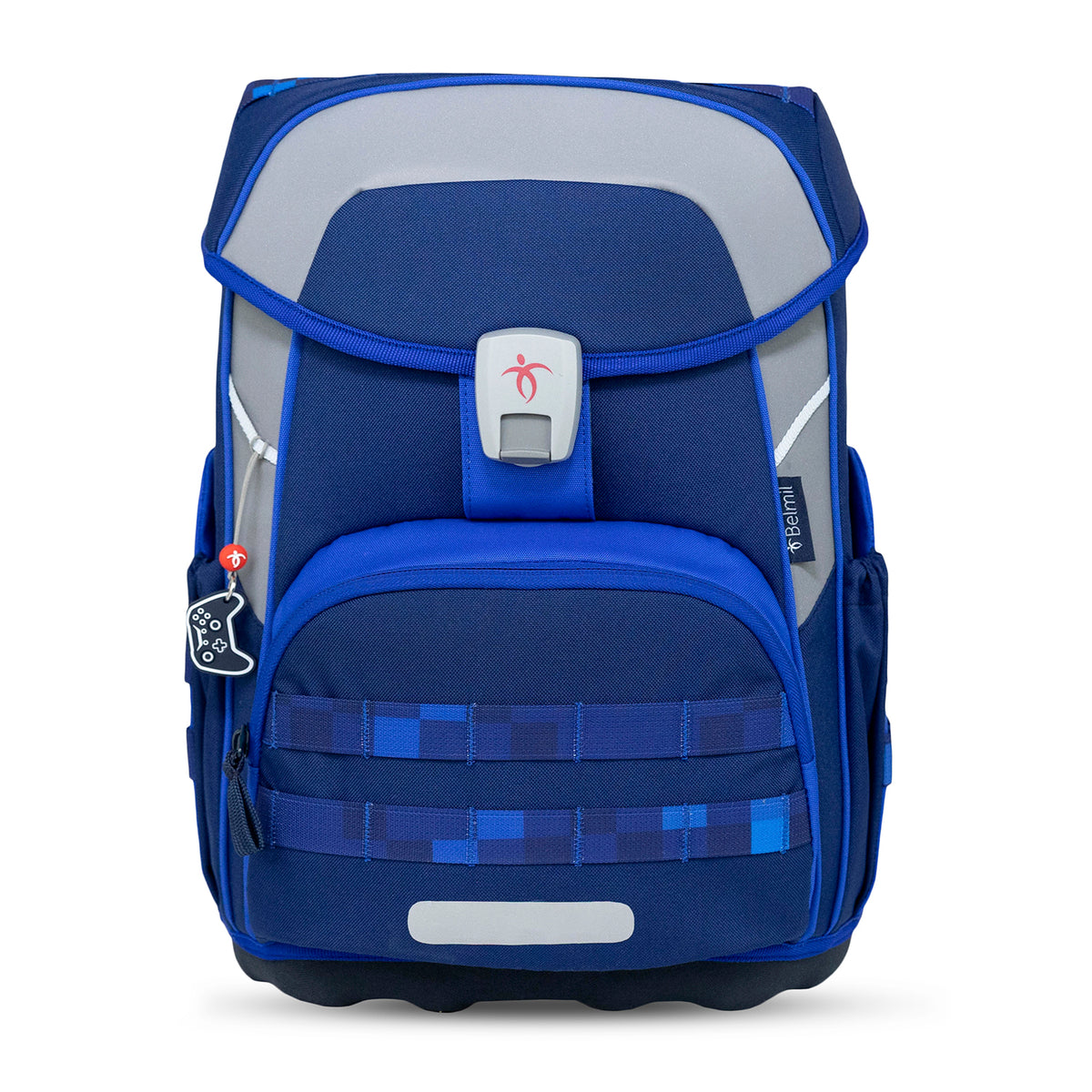 Close-up of the Fidlock magnetic buckle on the Premium Belmil School Bag Set for Boys – Maxi Plus Pixel Storm schoolbag set 6 pcs, highlighting its child-friendly design.