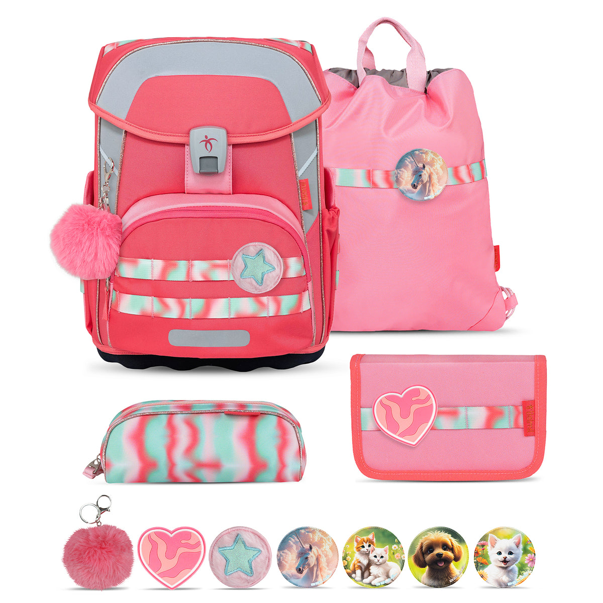 Premium Belmil School Bag Set for Girls – Maxi Plus Aurora schoolbag set 6 pcs featuring a vibrant coral-pink design with playful pastel stripes.
