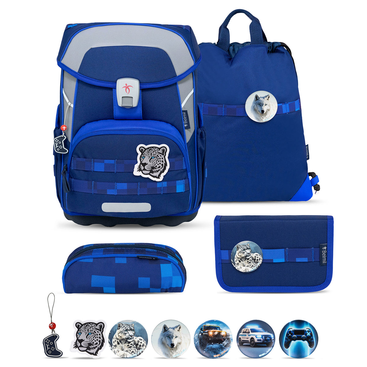 Front view of the Premium Belmil School Bag Set for Boys – Maxi Plus Pixel Storm schoolbag set 6 pcs showcasing its modern blue design with pixel accents.