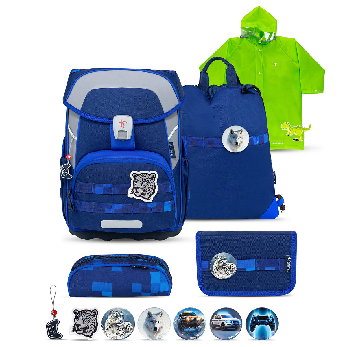 Premium Belmil School Bag Set for Boys – Maxi Plus 'Pixel Storm' schoolbag set + Dinosaur Raincoat - 7-piece Set showcasing the colorful design and ergonomic features for boys.