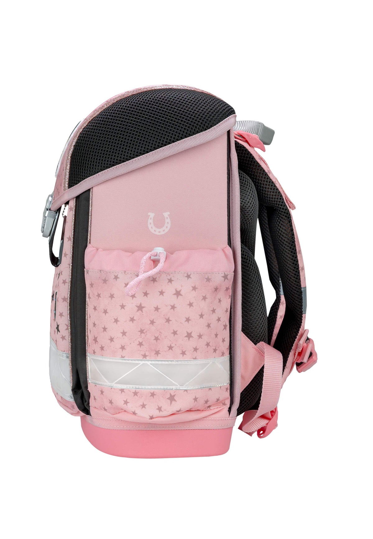 The Ergonomic School Bag Set for Girls – Belmil Classy Star Horses (5 pcs) highlighted with a reflective rain cover for visibility.