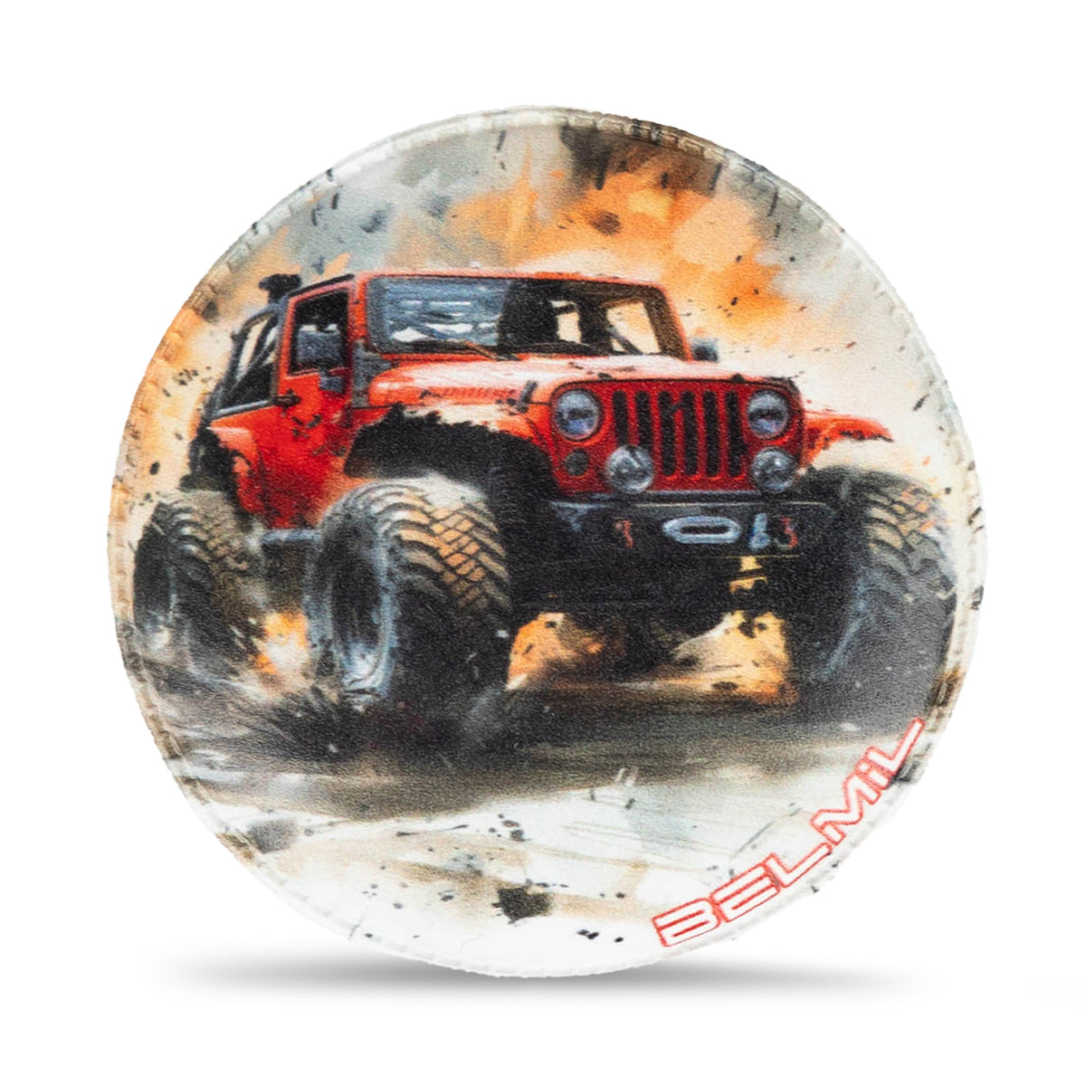 Exciting Belmil Patch Set – 3-Piece Velcro Patches 'Off-Road Collection' featuring powerful vehicle racing through mud, ideal for accessories.