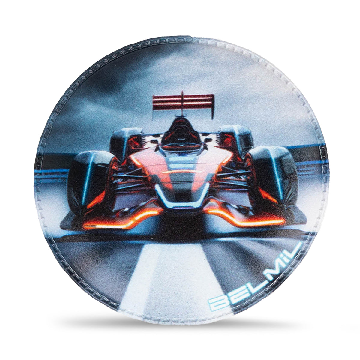 Belmil Patch Set – 3-Piece Velcro Patches "Orange Car" includes a detailed view of the self-adhesive Velcro backing for easy attachment and repositioning.