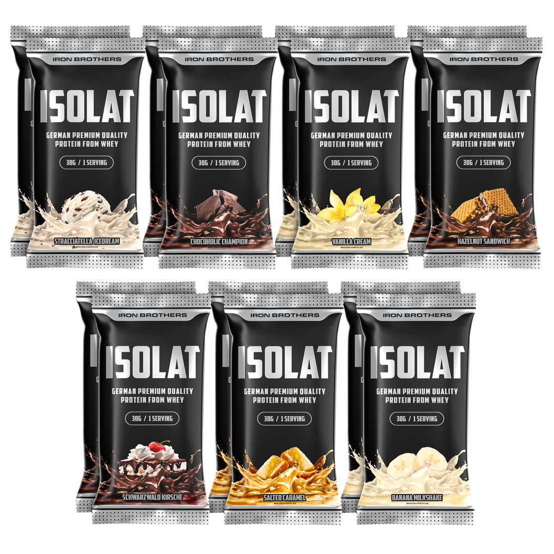 Whey protein Isolate proben Packet mit allen geschmacksrichtungen mal 2 jeweil zwei 30g Portions sachets pro Geschmack #inhalt_14x-30g-doppelpack
