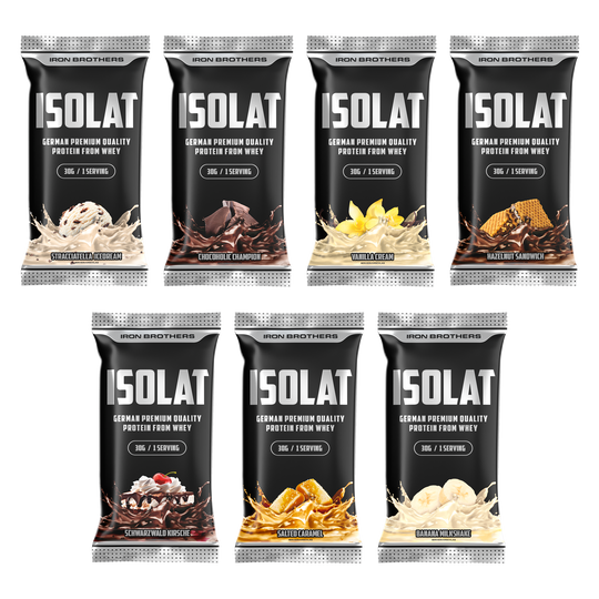 Whey Protein Isolate Sample Set mit allen Geschmacksrichtung Sorten Protein Proben Paket einzeln verpackt
#inhalt_7x-30g