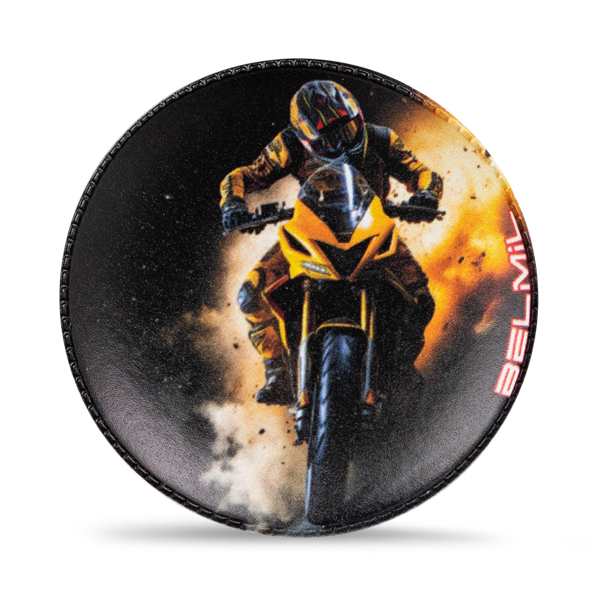 Display of the Belmil Patch Set – 3-Piece Velcro Patches 'Race on the Road' laid out flat, highlighting the self-adhesive Velcro backing and 6 cm diameter.