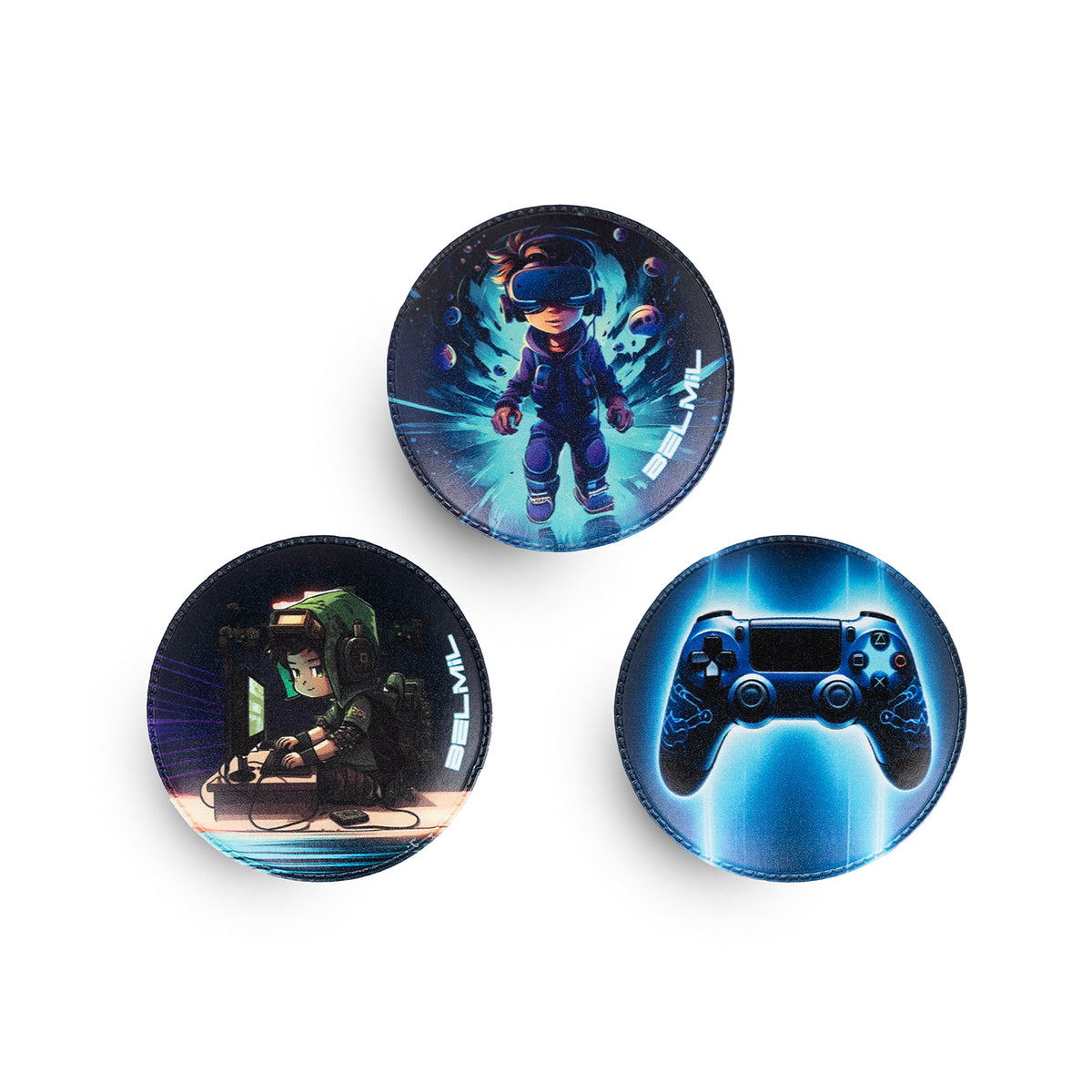 Image of the Belmil Patch Set – 3-Piece Velcro Patches "Gamer’s World" showcasing colorful gamer-themed designs.