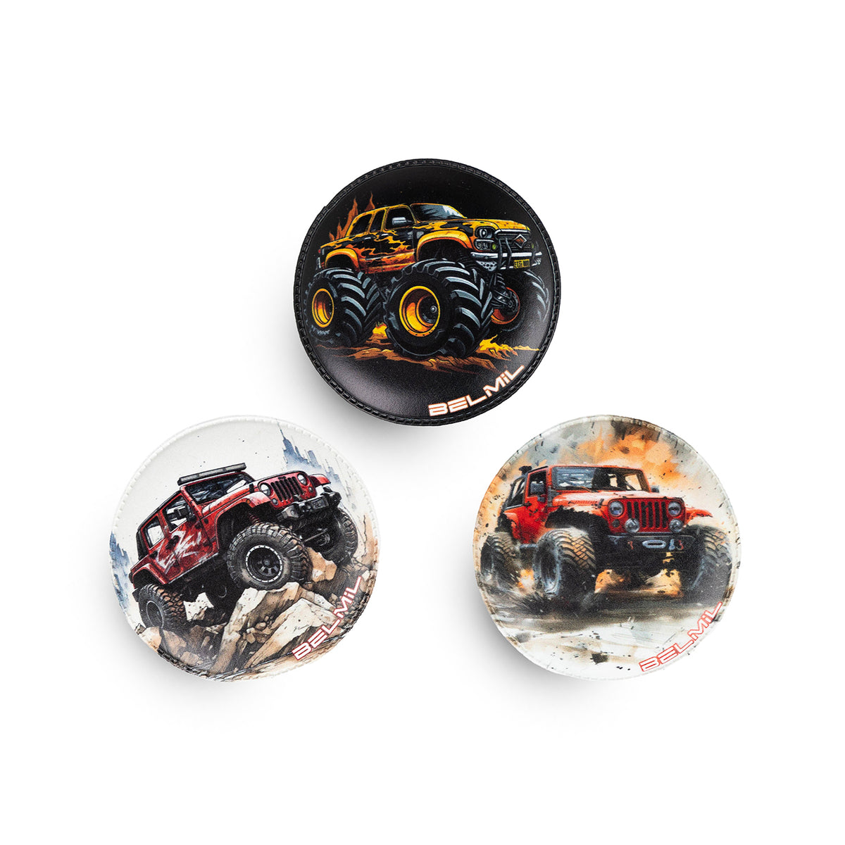 Colorful Belmil Patch Set – 3-Piece Velcro Patches 'Off-Road Collection' showcasing monster truck design for backpacks.