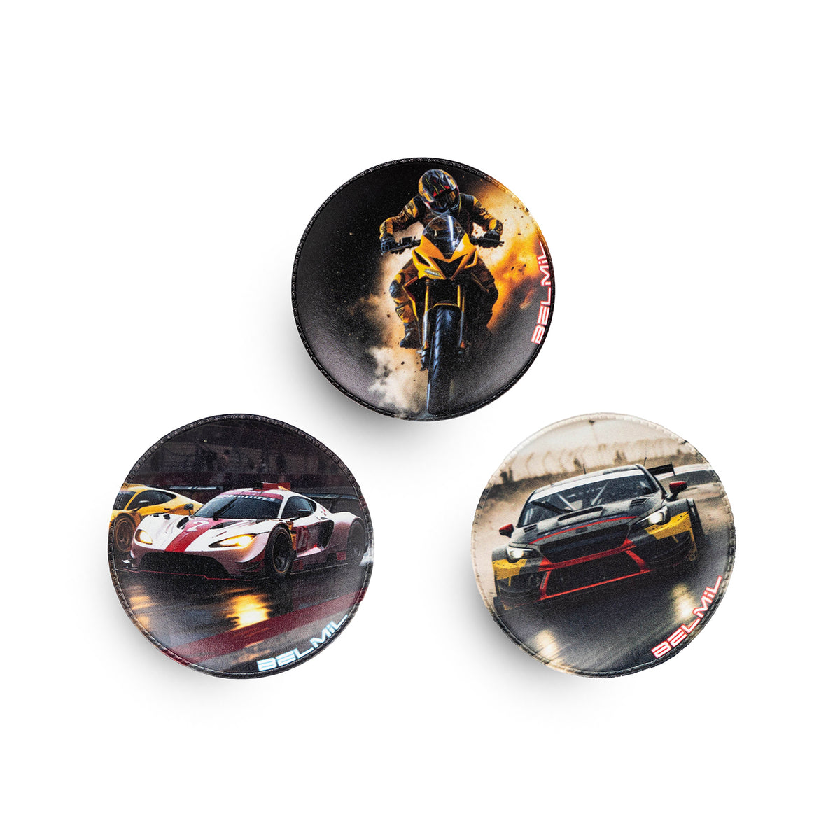 Close-up view of the Belmil Patch Set – 3-Piece Velcro Patches 'Race on the Road', featuring vibrant racing designs with a motorcycle and race cars.