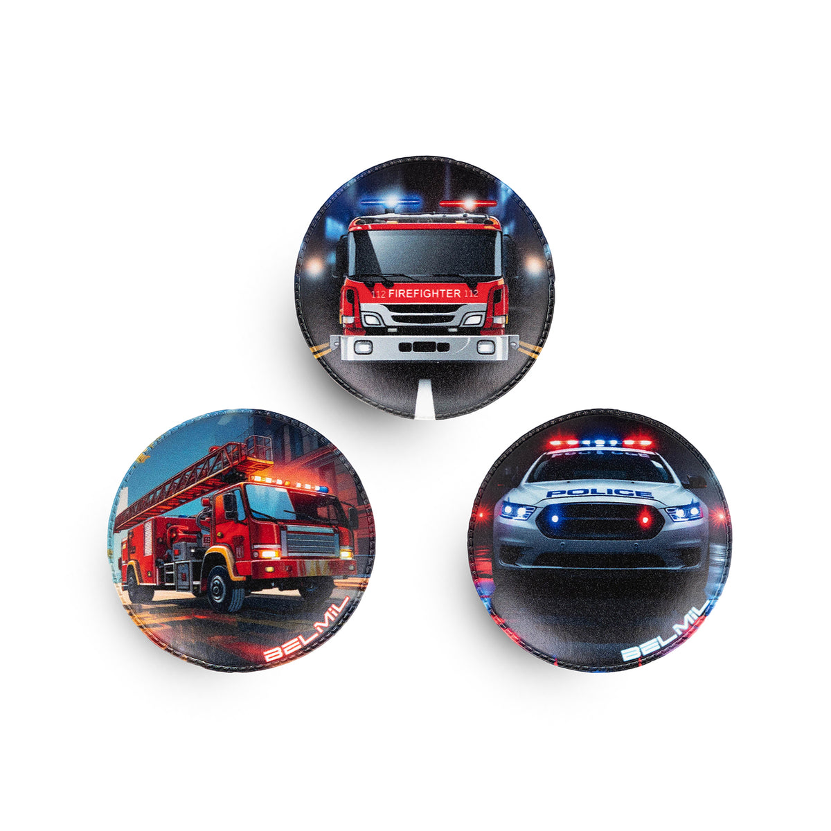 Belmil Patch Set – 3-Piece Velcro Patches 'Save the City' showcasing vibrant patches of heroes like firefighters and police, perfect for personalizing your accessories.