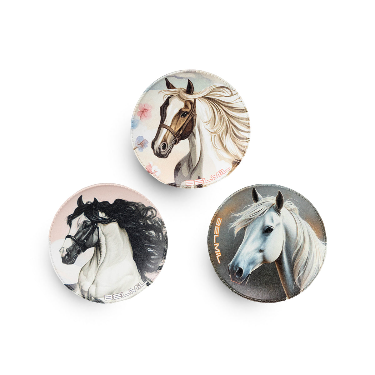 Belmil Patch Set – 3-Piece Velcro Patches 'White Horses' showing three colorful horse-themed patches designed for personalizing accessories.